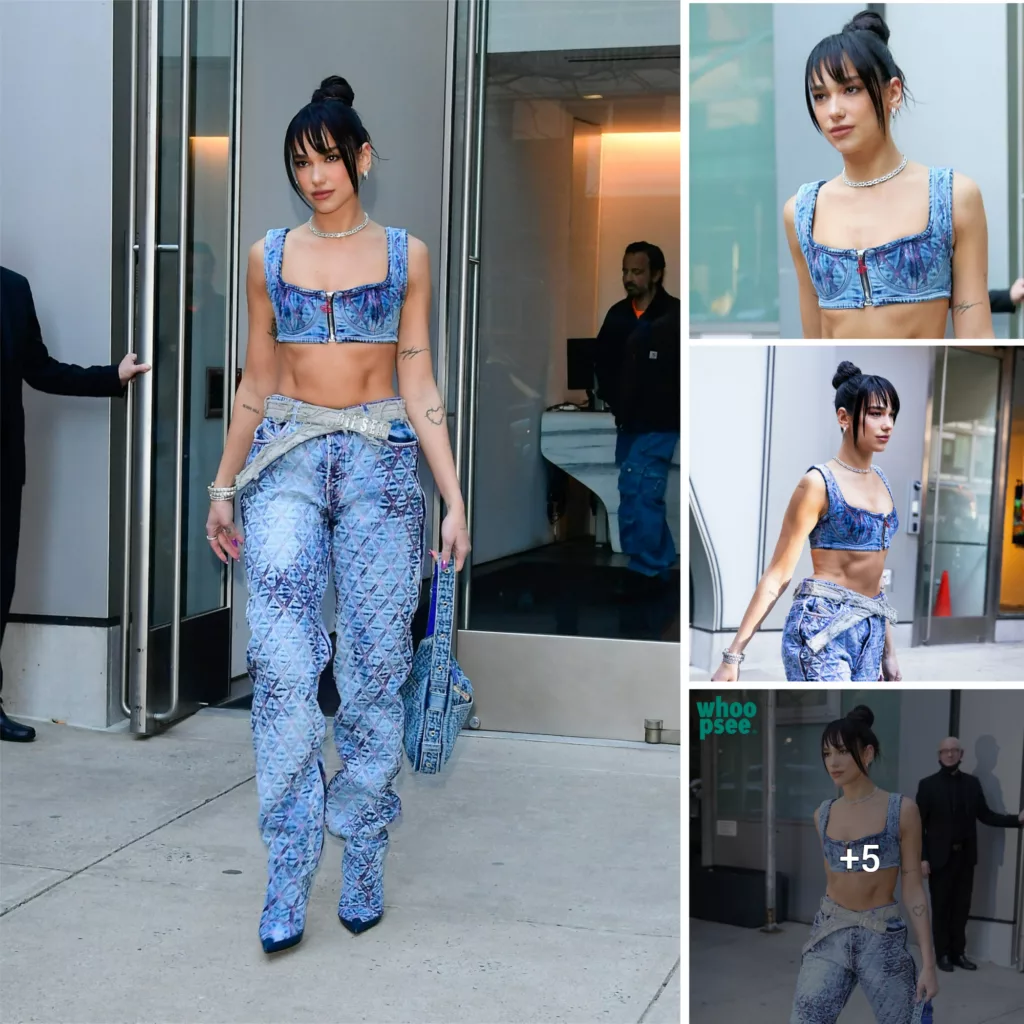 Dua Lipa Steps Out In NYC Wearing A Denim Leather Bustier Paired With Matching Jeans